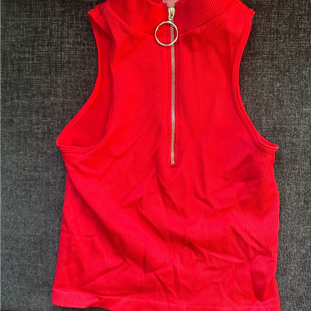 Red Sleeveless Zip-Up Top